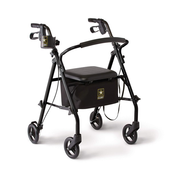 Medline Basic Steel Rollator with Seat, Black with U.S. Army Logo, 6" Wheels, Supports up to 350 lbs