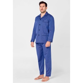 El Búho Nocturno Men's Long Cotton Woven Poplin Premium Pattern Lapel Pyjamas 100% Cotton Blue 2713, L