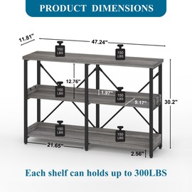 BON AUGURE Entry Table, 47 Inch Console Tables for Entryway, Narrow Couch Table Behind Sofa for Living Room, Wood 3 Tier Shelves Organization Tables for Foyer, Hallway (Dark Grey Oak)