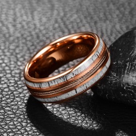 CHALAIR Men's Wedding Band 8mm with Antler and Brown Guitar String Inlay Rosegold Domed Polished Tungsten Ring Size O