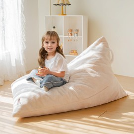 MAXYOYO Kids Bean Bag Chair, Stuffed Bean Bag with Handle for Boys and Girls, Two-Tone Design Child Lazy Chair for Gaming, Playing, Floor Sofa Lounger with High-Density Foam Filling, White