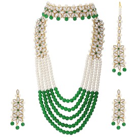 Aheli Wedding Party Wear Bridal Jewellery Choker Long Pearl Necklace Earrings Maang Tikka Indian Traditional Set Gift for Women Green