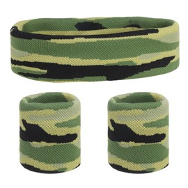 sourcing map Sweat Band Set Sports Terry Cloth Headband Wristband Set 8"x2" Moisture Wicking Sweat Absorbing Head Band for Women Men Workout Exercise (Striped Camouflage Green/Yellow)
