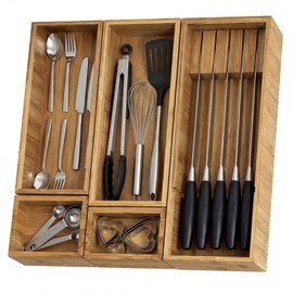KOCWELL Bamboo Silverware Drawer Organizer with Knife Block, 5 Removable Drawer Organizer Bins - Multi-Use for Kitchen Utensils, Office, Makeup, Tools Storage