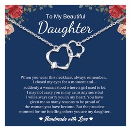 FLHEART Daughter Necklace Gifts from Mum Daddy - Silver Interlock Love Heart Pendant Necklaces for Women Girl, Daughter‘s Birthday gifts from Mama, Daughter Present for Mother's Day Graduation