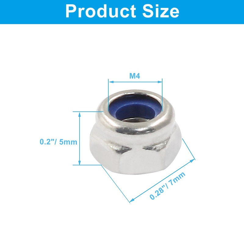 Hordion 100Pcs M4-0.7mm Nylon Lock Nut, 304 Stainless Steel Nylon