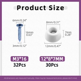 Swpeet 30Pcs 12mm×8mm×7mm Furniture Pads White Round Rubber Feet Pads with 32Pcs M3×16mm Mounting Screws, Round Non Slip White Rubber Bumpers Pads for Cutting Board Furniture Appliances Electronics