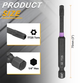 sourcing map TT25 Torx Head Impact Screwdriver Bits 1/4" Hex Shank 3" (75mm) Long Magnetic Tamper Proof 6 Point Star Screw Driver Drill Bits Phosphate S2 Steel Power Tools with Hole
