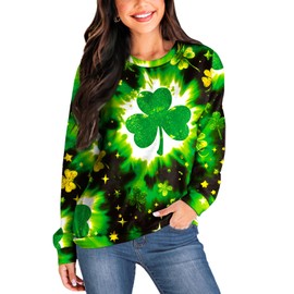 Deerose St Patrick's Tie Dye Sweatshirt for Women Green Shamrock Printed Long Sleeve Shirts Clover Irish Novelty Tops S