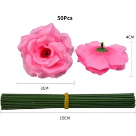 DH EYB Rose Head Flowers with Stem, 50 Artificial Flowers, Used for Wedding Decoration DIY Handmade Flowers Silk Fake Rose 3 Inches and 6 Inches Stem (Deep Pink)