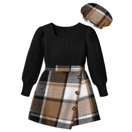 AGAPENG Girls' Clothes Size 10-12 Outfits: Black Puff Sleeve Tops & Brown Plaid Mini Skirts Sets & Shorts for Fall & Winter Thanksgiving Outfits for 11-12 Year Old Girls