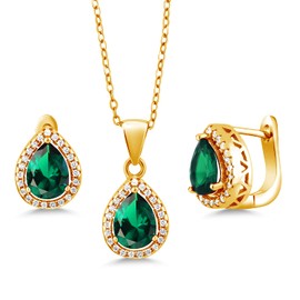 Gem Stone King 18K Yellow Gold Plated Silver Pear Shape Green Nano Emerald Pendant Earrings Set 6.50 cttw with 18 Inch Silver Chain