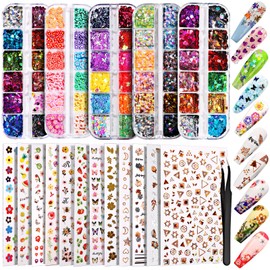 Teenitor 12 Sheets Nail Art Sticker 3D Self-Adhesive, Nail Art Decoration with 5 Boxes Holographic Glitter Flakes Butterfly Heart Star Maple Leaf Nail Sequins and Flower Slices