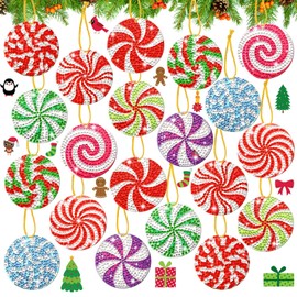 Skylety 20 Pcs Christmas Diamond Painting Ornaments Tags Kids DIY Xmas Candy 5d Diamond Painting Key Chain for Christmas Tree Decor Hanging Pendant Gift Wrap Tags with Ropes Holiday Party Decoration