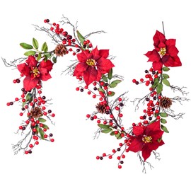 Artiflr Berry Christmas Garland, 5.3 Ft Artificial Poinsettia Garland with Red Berries and Holly Leaves, Pine Cone Garland for Christmas Holiday Party Decorations