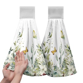 Cneztholim Sage Green Eucalyptus Hand Tie Towels Set of 2 Spring Summer Leaves Hanging Kitchen Towel 12 x 17 Inch Soft Absorbent Dish Towels with Hanging Loop for Kitchen Bathroom Hotel Gym