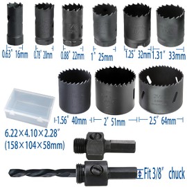 PLG2SUPT 5/8 to 2, 2-1/2” HSS Bi Metal Hole Saw Kit for Wood Drywall Plastic Aluminum Mild Steel Iron Metal Stainless Steel 9pcs Heavy Duty Hole Saw Bit