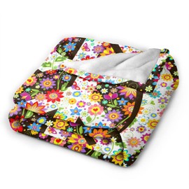 Abucaky Hippies - Manta de forro polar con diseño de símbolo de paz con flores, ultrasuave, acogedora, decorativa, para el hogar, cama, sofá, silla, viajes, 50 x 40 pulgadas