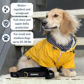 DJANGO Highland Dog Jacket & Raincoat – Water-Repellent, Lined Dog Coat with Hood, Adjustable Fit & Harness Hole – Lightweight Rain & Wind Jacket for Small & Medium Dogs up to 30 lbs (Olive, Large)