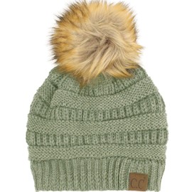 CC Fur Pom Winter Fall Trendy Chunky Stretchy Cable Knit Beanie Hat (Solid Natural Gray)