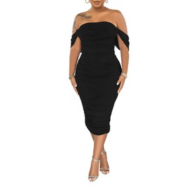 PINSV Women Ruched Off Shoulder Dress Bodycon Party Elegant Midi Dresses Black L