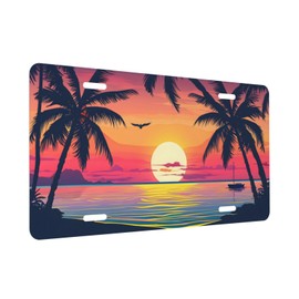 Sunset with Palm Trees and Beach Scene License Plate, Decorative Car Front License Plate, Aluminum Novelty License Plates Vanity Tag Metal Car Plate for Women Men 6 X 12 Inch