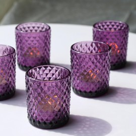 Woho 24pcs Purple Votive Candle Holders, Glass Tea Lights Candle Holder for Wedding Table Centerpiece, Studded Diamond Tealight Candle Holder for Tealight Candles/Votive Candles