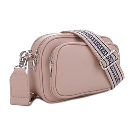 SG SUGU Small Crossbody Purse for Women Trendy Triple Zip Camera Bags with Adjustable Webbing Strap_Nude