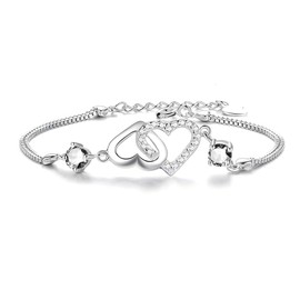 Mcaeou Love Heart Bracelet for Teen Girls,Sterling Silver S925 Bracelet,Silver Heart Shape Bracelet Crystal Slider Bracelet with Zircon,Adjustable Heart Bracelet,Gifts for Women