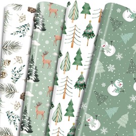 Keluna Sage Green Christmas Wrapping Paper - Forest Woodland Pine Tree Green Wrapping Paper, Reindeer Snowman Winter Holiday Christmas Gifts Hunter Green Wrapping Paper