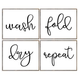 Farmhouse Decor Laundry Room Signs Shelf Decor Wash Dry Fold Repeat Boho Farmhouse Signs Wall Decor, Set of 4, Without Frame- 8x10"