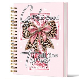 Lacama Christian Notebook, Pink Preppy God Is Good Notebook Bible Gift for Women, Prayer Journal for Woman, Scripture Leopard Print Hardcover Spiral Notebooks for School Office Supplies, 5.5x8.3 Inch