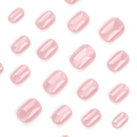 24PCS Press On Nails, Cat' Eyes glue on nails, Short Long Almond Square Coffin Ballet Shape, stick on nails Fake False Nails for Women and Girls (Round Light Pink, S)