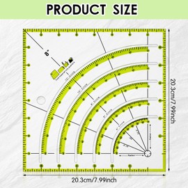 Nogeqi 8 Inch Acrylic Fabric Ruler, Dual Purpose Measuring Arc Guide Cutting Square Ruler, Multifunctional Arcs Stripology Ruler for Quilting, Sewing, Crafts, Pattern Making(1 Pcs)