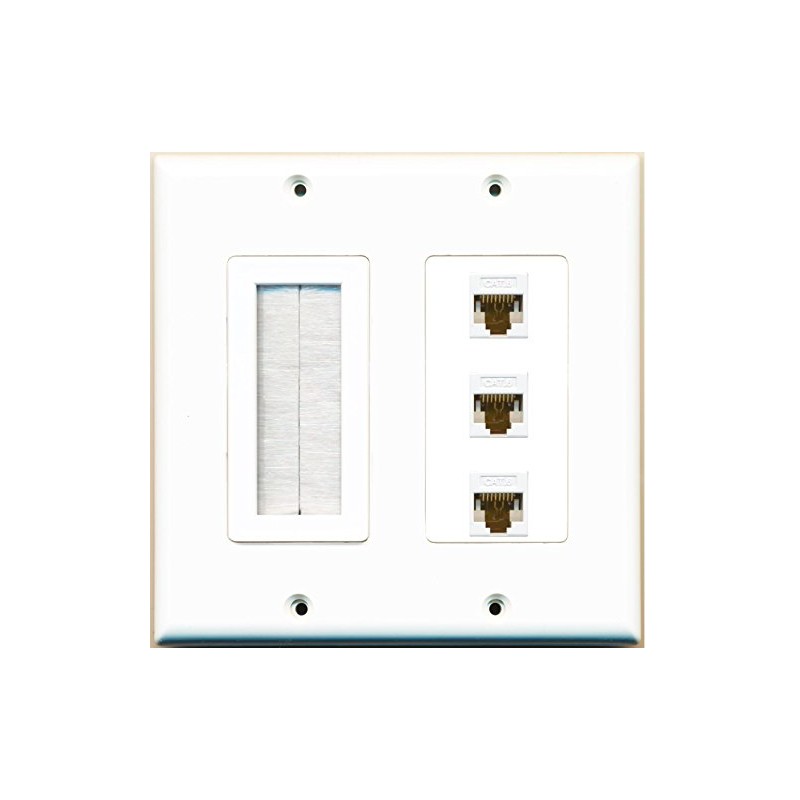 RiteAV (2 Gang Decorative Mesh-Brush 3 Cat6 White Wall Plate