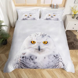 Feelyou Owl Duvet Cover Bird Decor Bedding Set 3D Animal Printed Comforter Cover for Boys Girls Children Teens Bedroom Decor Snowy Owl Bedspread Cover Twin Size with 1 Pillow Case (No Comforter)