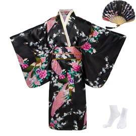 KRUIHAN Kimono Dress for Girls, Traditional Clothing, Silk Fabric, Robe, Wedding Clothing, Party, Performance Dress, Cosplay Costume Set with Foldable Compartments and Tabi Socks, 130, Black