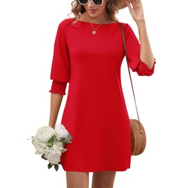 LUYAA Red Dresses for Women Formal Womens 3/4 Sleeve Puff Sleeve Crewneck Birthday Red Valentines Day Dress Valentines Day Date Night Dress Womens Dresses for Wedding Guest L