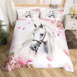 Erosebridal Girls Horse Bedding Set Twin Size, Chic Pink Cherry Blossom Duvet Cover for Kids Girls, 3D Galloping Horse Comforter Cover, Western Horses Bed Set 2Pcs, Rustic Farmhouse Bedroom Decor