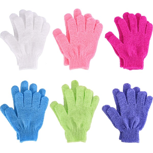 6 Pairs Double Sided Exfoliating Gloves Body Scrubbing Glove Bath Scrubs for Shower, 6 Colours