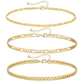 YANODA 3Pcs Gold Ankle Bracelets for Women Dainty 14k Gold Plated Layering Anklets Set Adjustable Fashion Mariner Cuban Figaro Link Chain Ankle Bracelet Adjustable Beach Foot Jewelry Gifts for Women