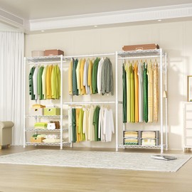 Ulif E1 Heavy Duty Closet Garment Rack, 6 Tiers Adjustable Metal Freestanding Expandable Clothing Storage with 4 Hanger Rods, Easy to Assemble Wardrobe, 71.2" H x (69.6" - 86.6") L x 14" D, White