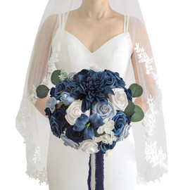 Lookein 10 Inch Wedding Bouquet for Bride Artificial Flowers Birdal Bouquet Bridesmaid Bouquet Tossing Bouquet for Wedding Ceremony Anniversary Bridal Shower, Classic Navy Blue
