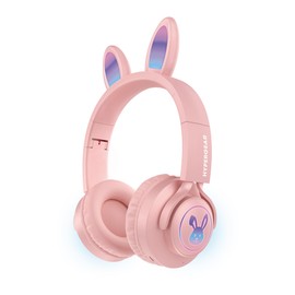HyperGear Bunny Tracks Kids Bluetooth Wireless Headphones with LED Rabbit Ears - Lightweight, Foldable Over-Ear Headset with Mic, HD Stereo Sound, 10-Hour Playtime, Aux-Compatible, microSD/FM, Pink