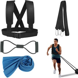 Sled Harness Tire Pulling Harness Fitness Resistance Training Workout -Adjustable Padded Shoulder Strap Sports Pull Rope with 8-Shaped Resistance Band - Extra Sport Towel