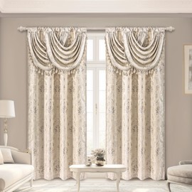 Loom and Mill Luxury Damask Curtains with Attached Waterfall Valances for Bedroom, Thick Jacquard Blackout Curtains with Tiebacks for Living Room Party Home Decor, Rod Pocket(2 Panels, 52 x 84 Inch)