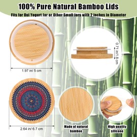 Yaomiao 12 Pieces Yogurt Jar Lids Set, Reusable Bamboo Mandala Pattern Lids with Silicone Sealing Rings and 24 Pcs Yogurt Bottle Label Covers Compatible with Cookie Coffee Spice