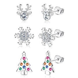 CASSIECA 3 Pairs 925 Silver Christmas Earrings for Women Girls Hypoallergenic Stud Earrings Christmas Set Santa Claus Snowflake Christmas Tree Earrings Christmas Decoration (Gift Box)