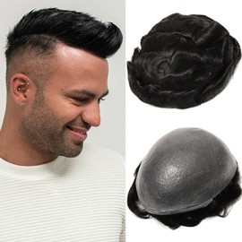 BEEOS 0.06mm Thin Skin Toupee Hair for Men, #1C Black 8x10 Inch Mens Human Hair System 100% Medium Density V-looped No Knot Hairline