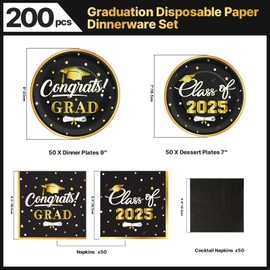 KTCNMER 200 Pcs Graudtion Plates and Napkins 2025 with Gold Foil Graduation Party Supplies Black and Gold Plates and Napkis Luncheon Napkins Cocktail Napkins for Congrats Grad Party Decorations